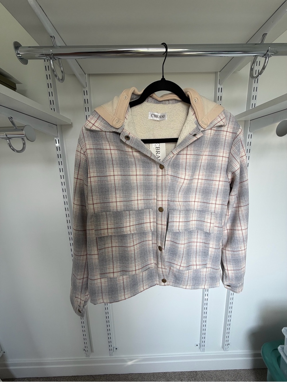 NWT CBRAND Women's Plaid Sherpa-Lined Hooded Jacket in Cream and Gray